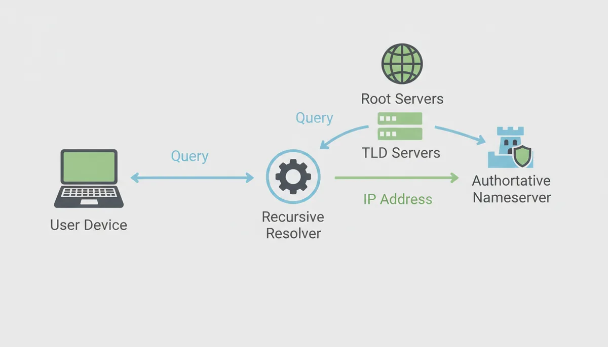 A flowchart showing the steps of a recursive DNS query: User Device -> Recursive Resolver -> Root Servers -> TLD Servers -> Authoritative Nameserver -> Recursive Resolver -> User Device (with IP address).