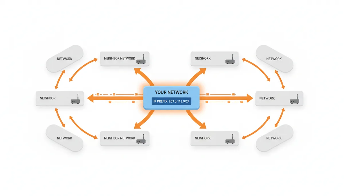 A diagram showing a central network announcing an IP prefix, with arrows indicating this announcement being passed on to neighboring networks, and then further to other networks, illustrating the spread of BGP information.