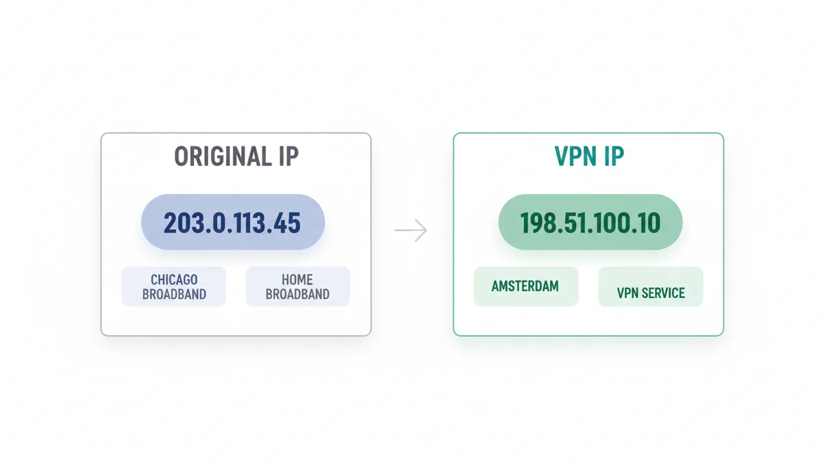 A comparison of two IP lookup results. On the left, a real IP address (203.0.113.45), city (Chicago), and ISP (Home Broadband Provider). On the right, a VPN-masked IP address (198.51.100.10), city (Amsterdam), and ISP (VPN Service Inc.).