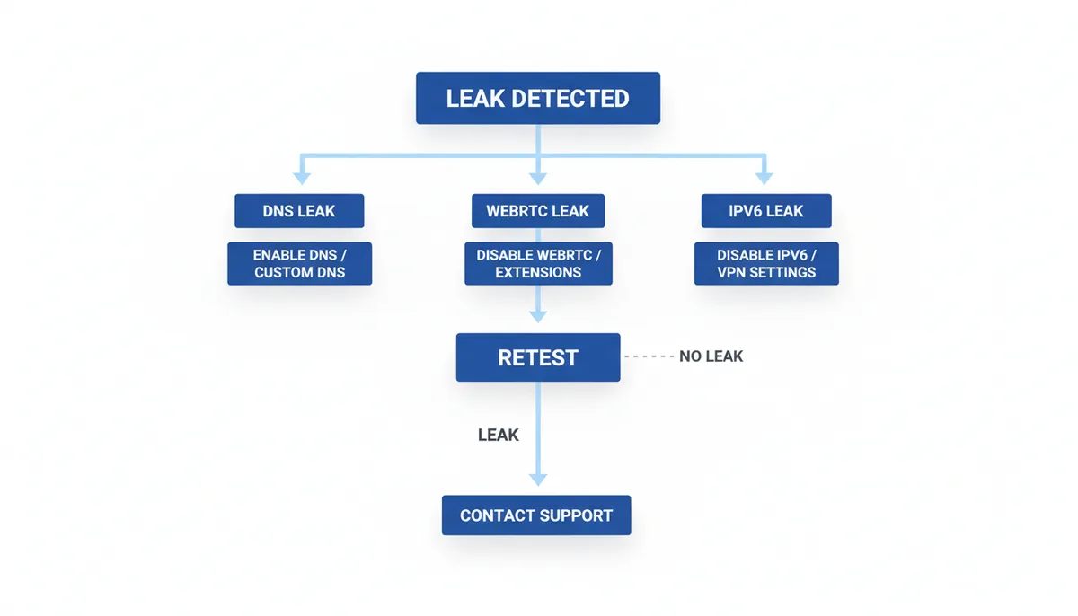 A decision tree for troubleshooting VPN leaks. It starts with 'Leak Detected', branching into 'DNS Leak' (fix: Enable DNS Leak Protection / Custom DNS), 'WebRTC Leak' (fix: Disable WebRTC / Browser Extensions), and 'IPv6 Leak' (fix: Disable IPv6 / VPN IPv6 Settings). All paths lead to 'Retest', and if the leak persists, to 'Contact Support'.