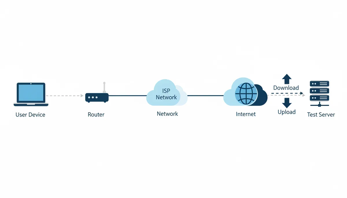 A flow diagram showing the path of data during an internet speed test. A laptop icon (User Device) connects to a router icon (Router), which connects to a cloud icon (ISP Network), then to a globe icon (Internet), and finally to a server rack icon (Test Server). Arrows illustrate data movement: a download arrow from Test Server to User Device, an upload arrow from User Device to Test Server, and a bidirectional ping arrow between User Device and Test Server.