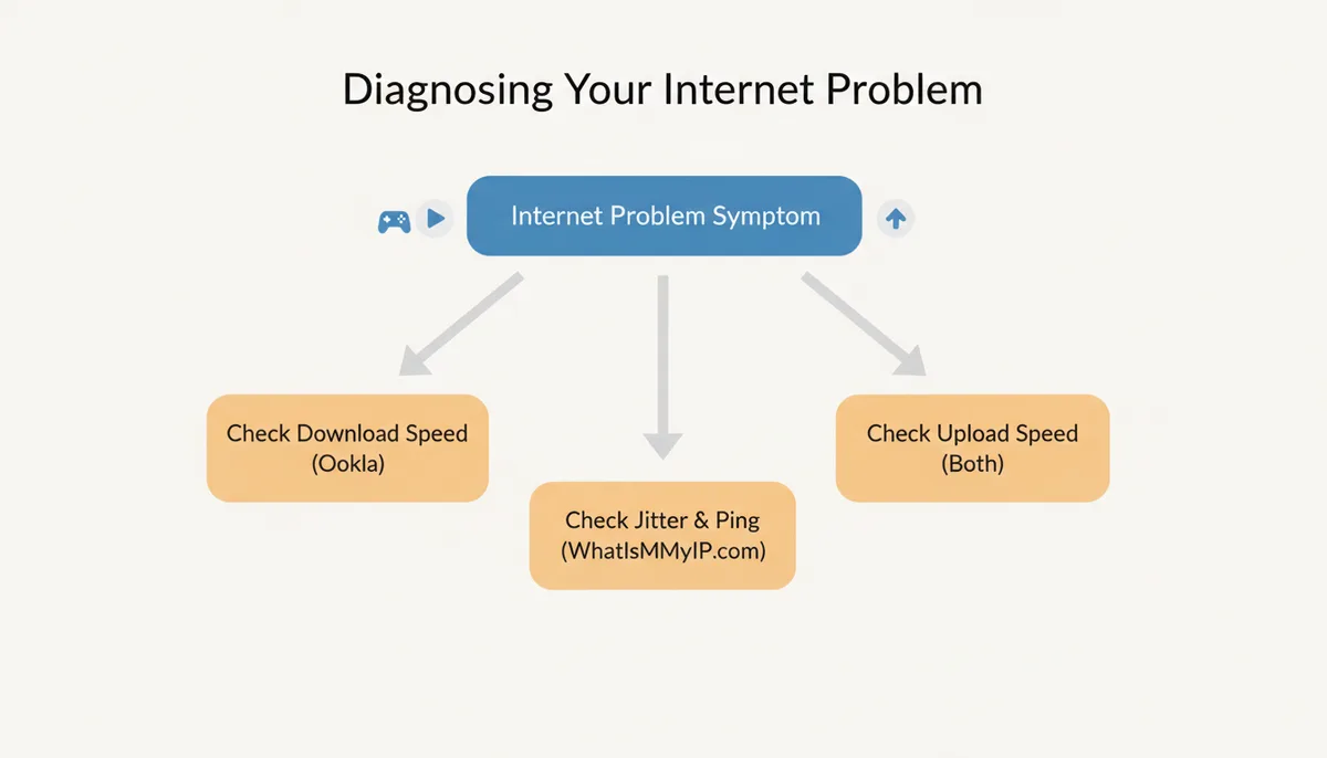 A decision flowchart for diagnosing internet problems. It starts with 'Internet Problem Symptom'. Three paths branch out: 'Buffering Video' leads to 'Check Download Speed (Ookla)', 'Laggy Gaming' leads to 'Check Jitter & Ping (WhatIsMyMyIP.com)', and 'Slow File Uploads' leads to 'Check Upload Speed (Both)'.
