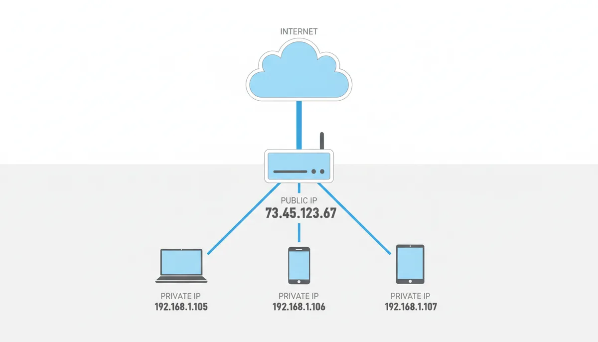 A diagram showing an internet cloud connected to a router with a public IP address. The router then connects to a laptop, a smartphone, and a tablet, each with its own unique private IP address.