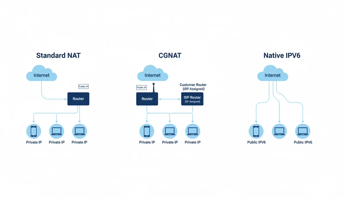 Three comparative network diagrams. The first shows standard NAT: internet to router (public IP) to devices (private IPs). The second shows CGNAT: internet to ISP router (public IP) to customer router (ISP-assigned private IP) to devices (private IPs). The third shows native IPv6: internet directly to devices, each with a public IPv6 address.
