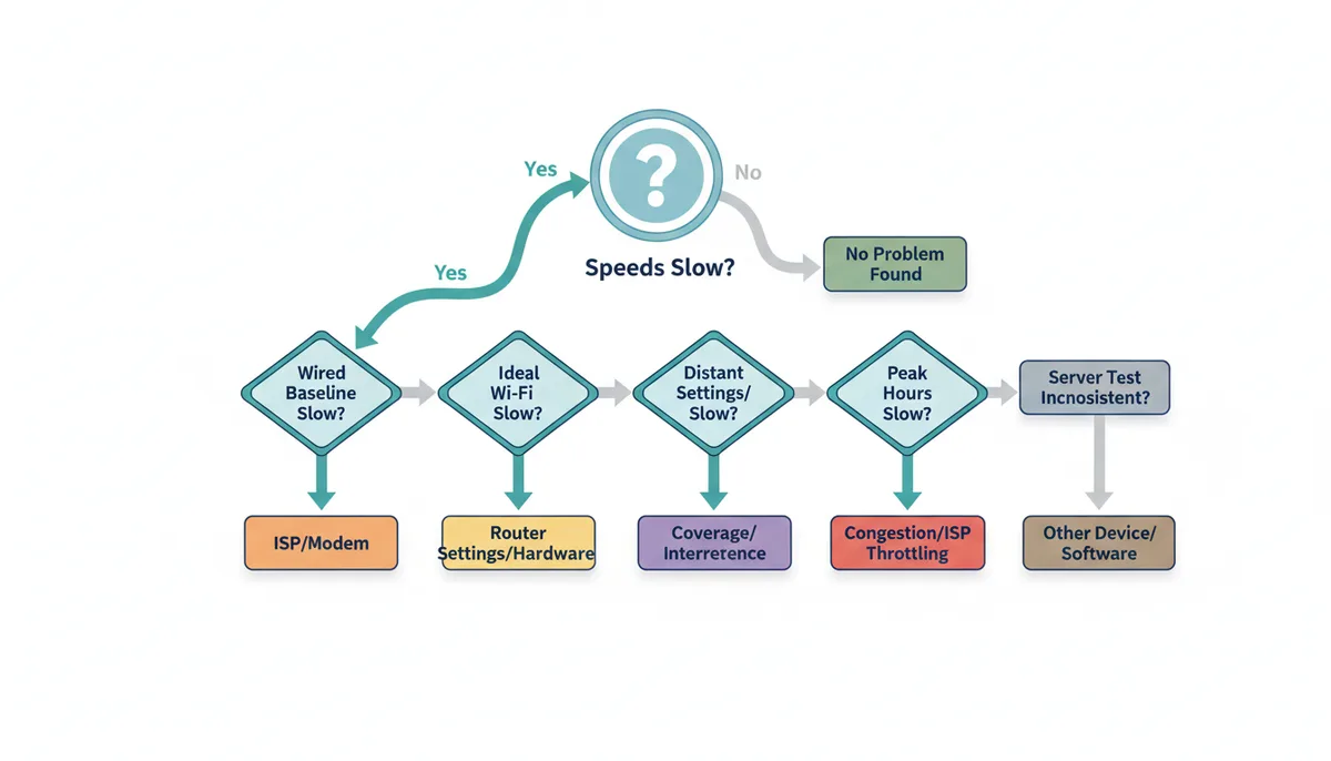 A decision tree diagram illustrating how to diagnose internet speed problems. It starts with 'Are speeds slow?' and branches through questions like 'Is wired baseline slow?', 'Is ideal Wi-Fi slow?', 'Is distant Wi-Fi slow?', 'Are peak hours slow?', and 'Is server test inconsistent?', leading to potential problem areas like 'ISP/Modem', 'Router Settings/Hardware', 'Coverage/Interference', 'Congestion/ISP Throttling', 'Test Server Issues', or 'Other Device/Software'.