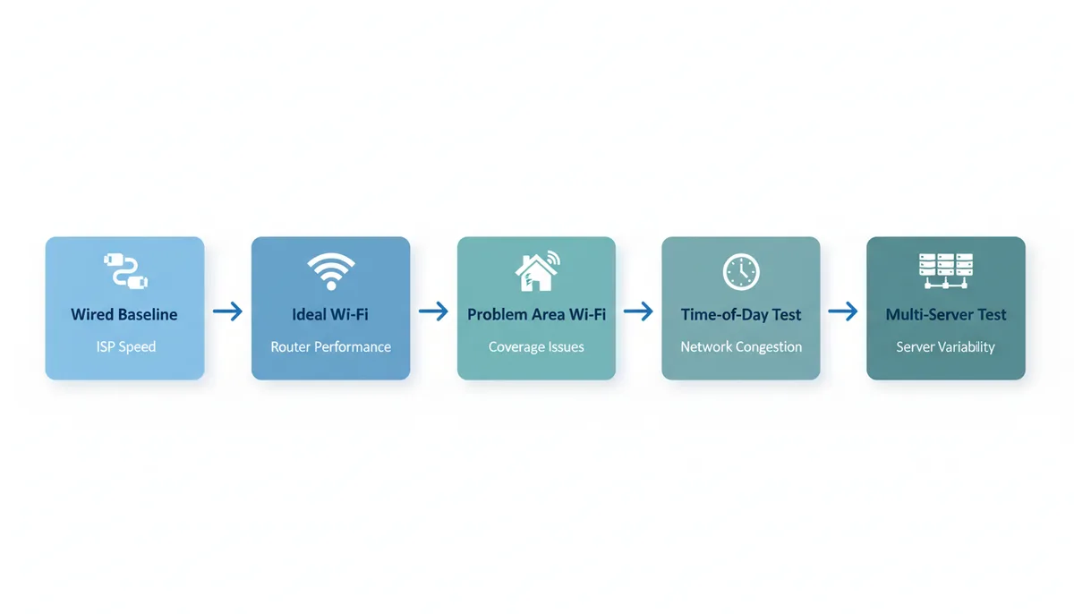 A flowchart showing five steps for internet speed testing: Wired Baseline, Ideal Wi-Fi, Problem Area Wi-Fi, Time-of-Day Test, and Multi-Server Test. Each step is linked to what it helps establish, such as 'ISP Speed' or 'Coverage Issues'.