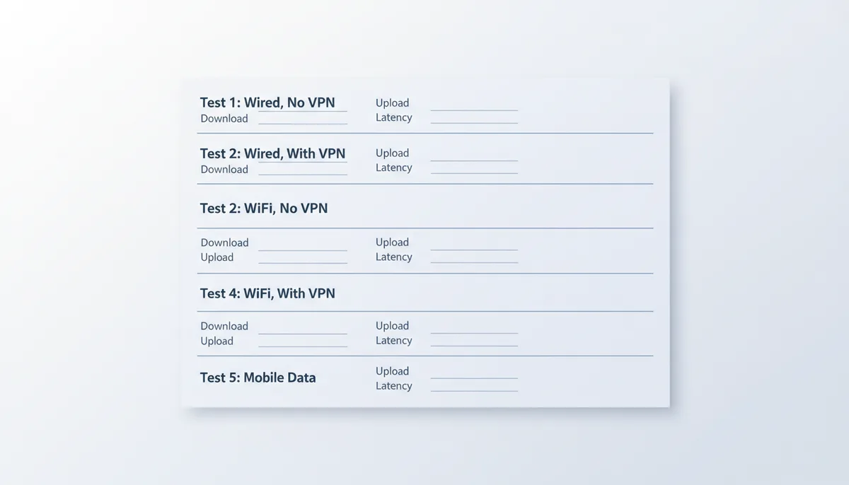 A blank worksheet for internet speed test results. It is divided into five sections, each with spaces to record download speed, upload speed, and latency for different testing scenarios like 'Wired Connection' and 'Wi-Fi, Different Device'.