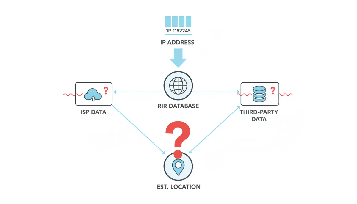 A diagram illustrating IP geolocation: an IP address links to a Regional Internet Registry, then to ISP data and third-party aggregators, each step potentially introducing inaccuracies, leading to an estimated location.