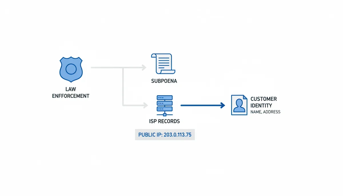 A flowchart showing the legal process to identify an individual from an IP address: Law Enforcement Request -> Subpoena/Court Order -> ISP Records -> Customer Identity. This highlights that an IP address itself does not contain personal information.