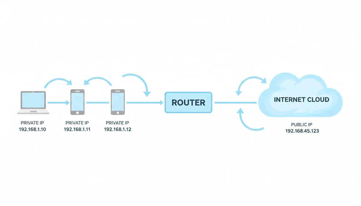 A network diagram showing a router connecting multiple devices (laptop, phone, smart TV) with private IP addresses to the internet via a single public IP address, illustrating how Network Address Translation (NAT) works.