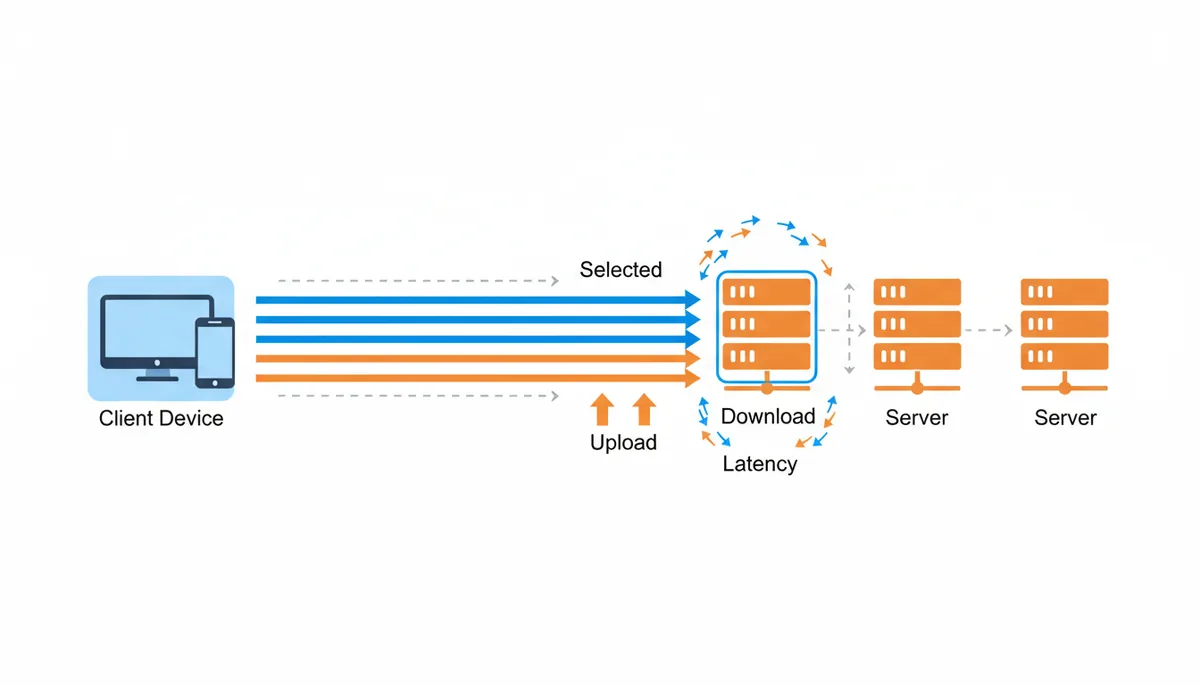 Flowchart showing an internet speed test: a client device pings multiple servers, selects one, then measures download and upload speeds, and latency/jitter between the client and the selected server.