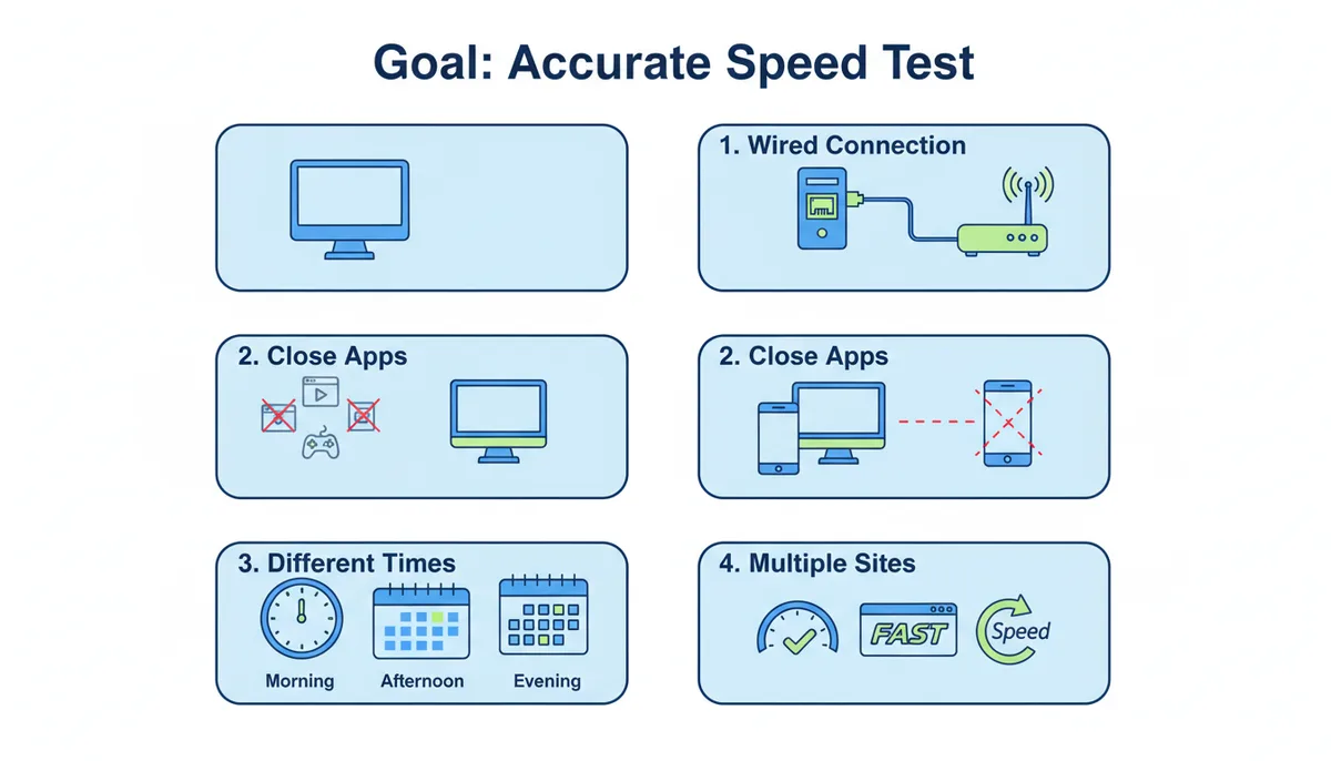 A checklist diagram for accurate speed tests: 1. Use Wired Ethernet, 2. Isolate Test Device, 3. Test at Various Times, 4. Compare 2-3 Test Sites.
