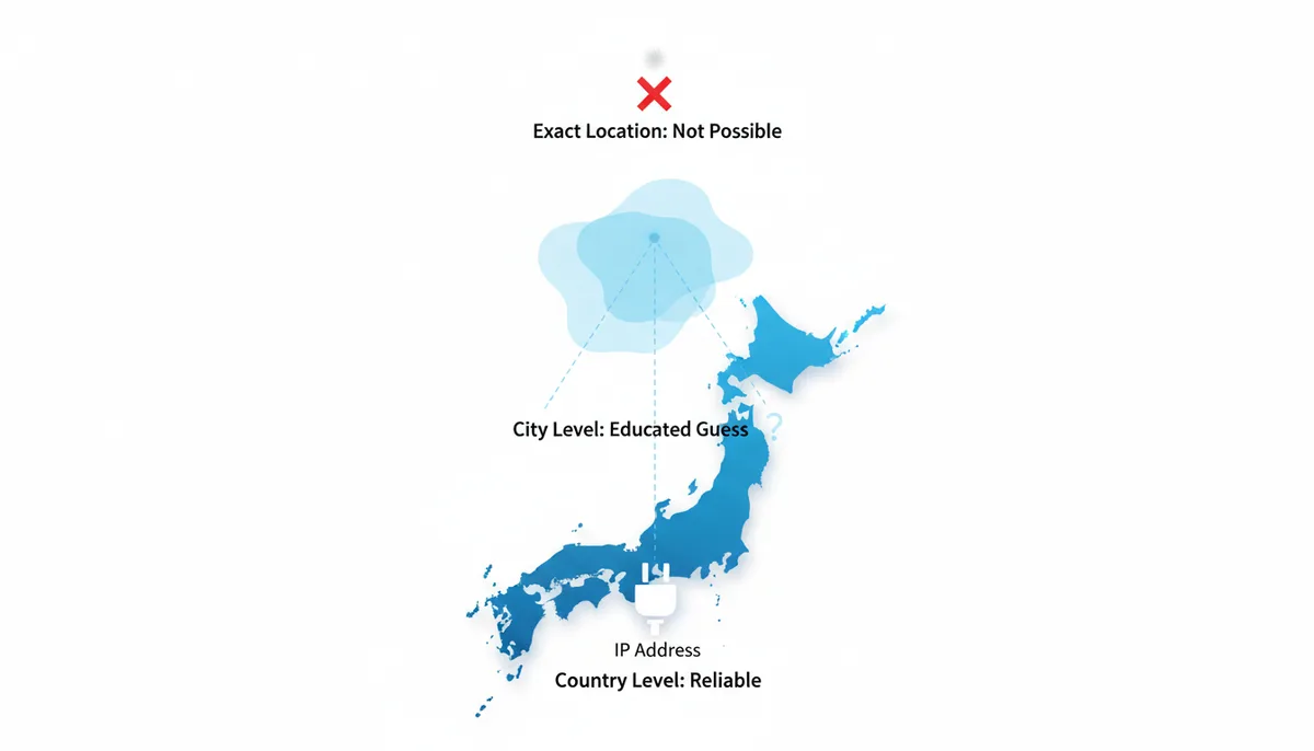 A three-tiered diagram illustrating geolocation accuracy. The bottom tier shows a large, solid country outline labeled 'Country Level: Reliable'. The middle tier shows a smaller, semi-transparent city outline labeled 'City Level: Educated Guess'. The top tier shows a tiny, faded dot with an 'X' through it, labeled 'Exact Location: Not Possible'. An arrow points from an 'IP Address' icon at the bottom to the country level, then to the city, and finally to the 'Not Possible' exact location.