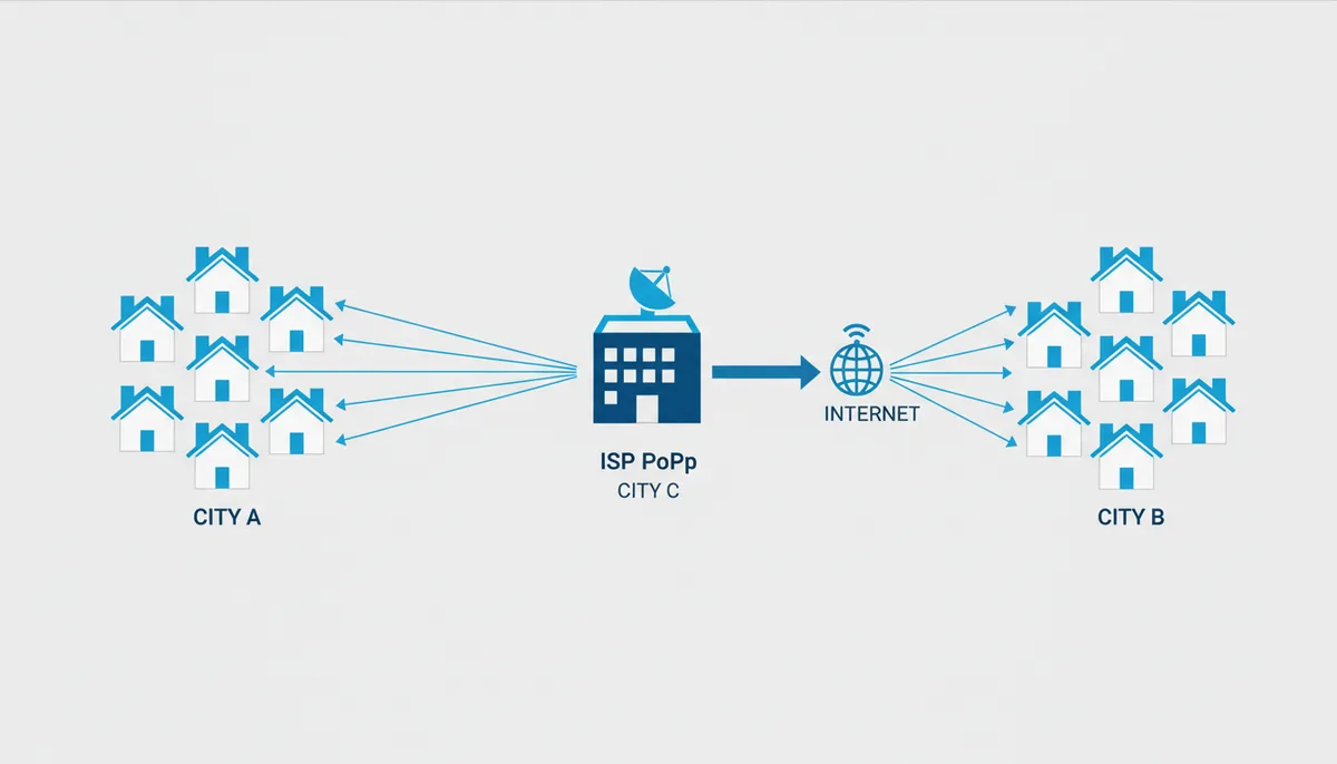 A simplified network diagram showing houses in City A and City B connected by lines that converge at a single ISP Point of Presence in City C, illustrating how IP addresses are geolocated to the PoP's city.