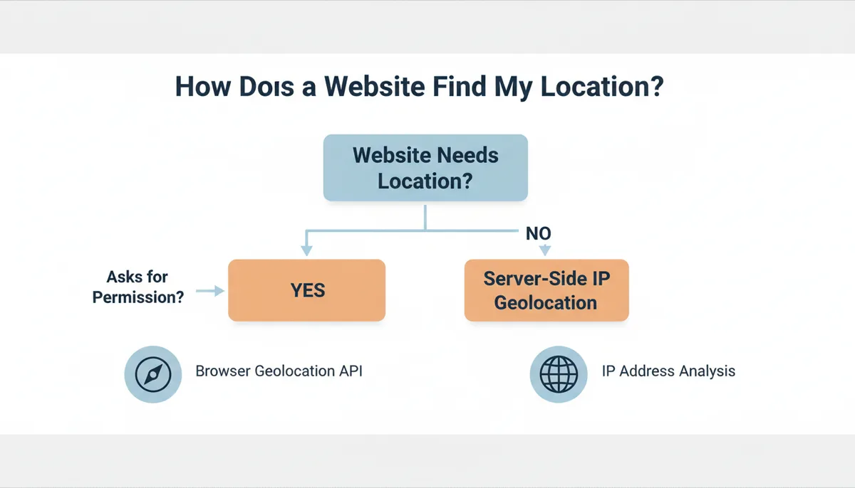 A decision tree illustrating how websites find location: if permission is asked, it uses browser Geolocation API with GPS, Wi-Fi, and cell towers; if not, it uses server-side IP geolocation based on ISP registration and network analysis.